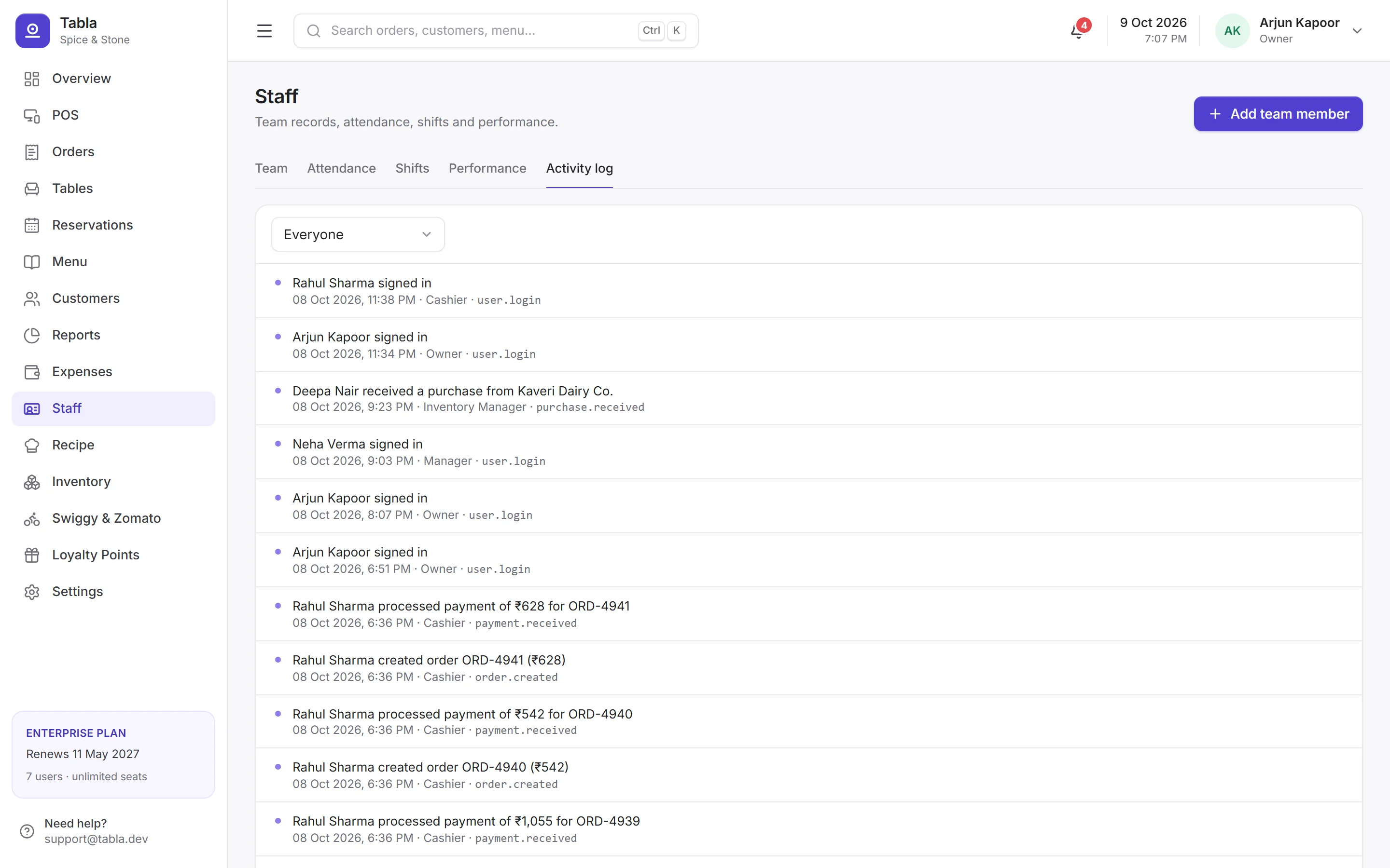 Staff activity log listing sign-ins, payments, purchases and orders with names, roles and times